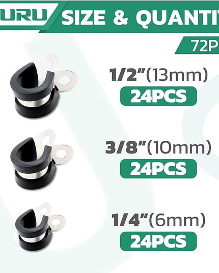 OURU 72PCS Stainless Steel Cable Clamp,Rubber Coated Cushioned Insulated Cable Clamps Assortment Kit-Metal Wire Clamps,Cable Clips,Pipe Clamps