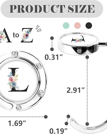 Iqimott 3pcs Personalized Initial Foldable Purse Hook for Table, Flower Letter Folding Handbag Hanger Portable Magnet Table Hook Holder, Collection Desk Purse Hooks for Women Bag (Black-L)
