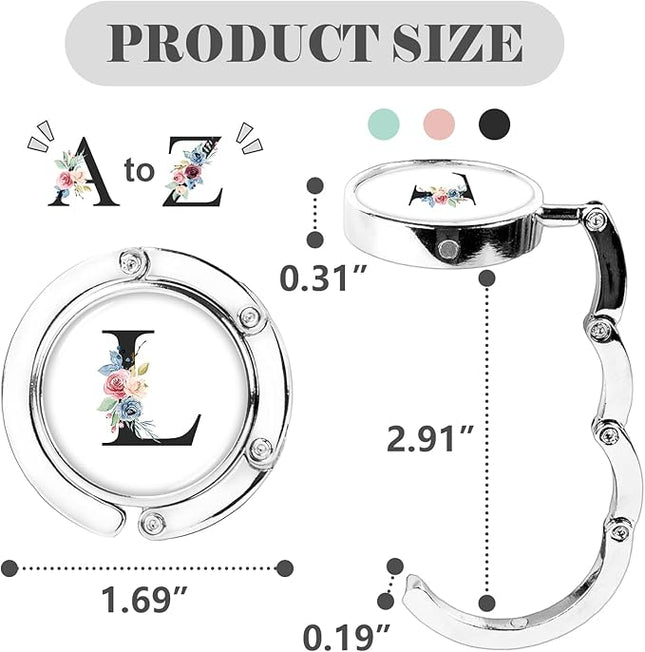Iqimott 3pcs Personalized Initial Foldable Purse Hook for Table, Flower Letter Folding Handbag Hanger Portable Magnet Table Hook Holder, Collection Desk Purse Hooks for Women Bag (Black-L)