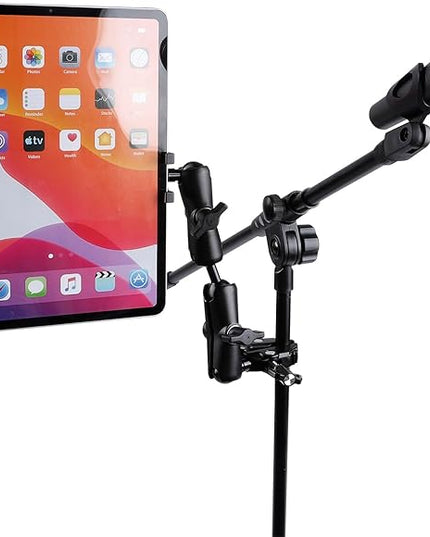 Aluminum Dual Arm Tablet Mount with Super Clamp for Rails 0.5'' to 2'' in Diameter, Side Mount Tablet Holder for Mic Stand, Compatible with iPad Pro 12.9 Air Mini, Galaxy Tab, 4.7-12.9" Tablets