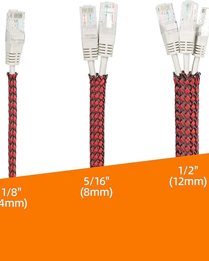 Braided Expandable Cable Sleeve, 25ft PP Cotton and PET Braided Cable Management, Flexible Mesh Wire Loom and Cable Protector for TV, Computer, Home Theater, Automotive (Red, 1/2")