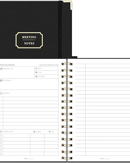 EMSHOI Meeting Notebook for Work - A5 Half Meeting Half Note Planner, 140 Pages, 100GSM Thick Paper, Hardcover, Project Organizer for Women Men Office, Business, Note Taking, 6"x8.3" - Black