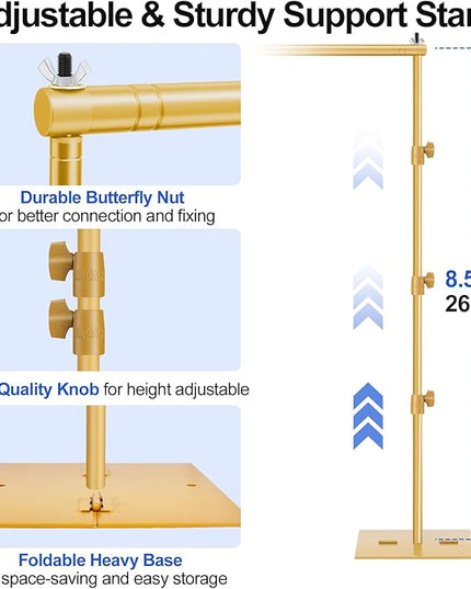 EMART Backdrop Stand, 8.5x10ft Width Adjustable Photography Background Support Poles with Heavy Duty Flat Base, Photo Metal Steel Pipe and Drape Frame Kit for Parties Birthday Wedding - Gold