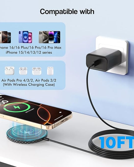 10FT Magnetic iPhone Charger[Apple MFi Certified], Apple Magsafe Wireless Charger,2Pack Magnetic Wireless Charging Pad with USB-C Charging Block for iPhone 17/17Pro/16ProMax/15/14/13/12 Series,AirPods