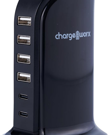 ChargeWorx Multi-Port Charger with 4 USB-A and 2 USB-C Ports, Fast Tower Charging Station, 40-Watt Output, Includes Surge Protector, Fire-Resistant Design, Compatible with iPhone and Android Devices