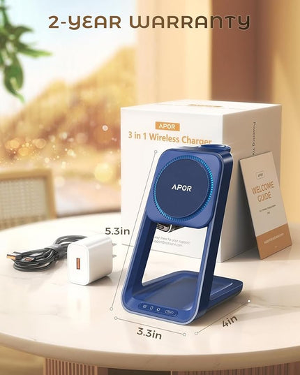 3 in 1 Charging Station for iPhone, Magsafe Wireless Charger with Cooling Fan for iPhone 17 16e 16 15 14 13 12 Series & Apple Watch Charger, Wireless Charging Station for AirPods 4/3/Pro (Blue)