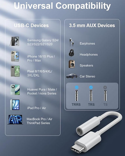 USB-C to 3.5mm Audio Headphone Adapter - HiFi 200 Pack Compatible with Apple iPhone 17 16 15 Samsung Galaxy S25 S24 S23 S22 S21 Plus Pro Max Ultra Pixel iPad - Type C to Aux Cord Jack Dongle Adapter