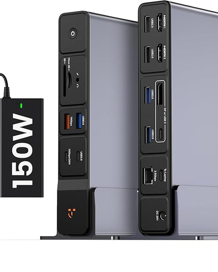 TobenONE USB C Docking Station 3 Monitors, 18-in-1 Triple 4K Display, 150W Power Adapter with 20W Fast Charging, 8 USB Ports up to 10Gbps, 2 HDMI/DP/USB C, for Windows/Chrome OS
