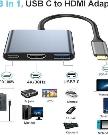 HCUSR 3 in 1 Type C to HDMI Docking Station USB Hub Multiport Adapter AV Converter with 4KHDMI Output,100W PD, USB A 3.0 Port Hub Dongle Docking Station for Laptop PC Tablets (Black)