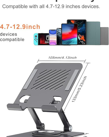 JUANWE Swivel iPad Stand for Desk, Aluminum Tablet Stand for Desk with 360 Rotating Base, Adjustable & Foldable iPad Holder, Compatible with Tablets, Switch, Kindle, Phone