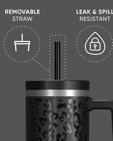 Hydrapeak Voyager 40 Oz Stainless Steel Tumbler with Handle, Insulated Water Bottle With Straw & Lid, Cupholder Friendly Reusable Travel Mug (Black Leopard)
