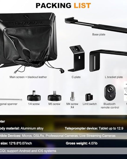 LENSGO 12.9'' Aluminum Teleprompter for iPad Tablet DSLR Cameras with Remote Control, App Compatible with iOS/Android,Professional Prompter for News/Broadcasting,Online Teaching,Live Streaming(TC12)
