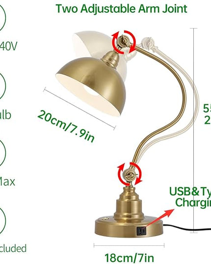 Vintage Brass Gold Desk Lamp Decorative Table Lamp for Home Office Living Room Bedroom Desk Light, Rustic Industrial Farmhouse Antique Library Study Desk Lamp E26 LED Bulb Included