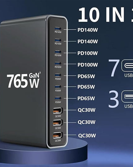 765W 10-Port GaN 3 Desktop Charging Station for Phones, Tablets, Laptops, Smartwatches & Earphones - Home, Office & Travel Compatible