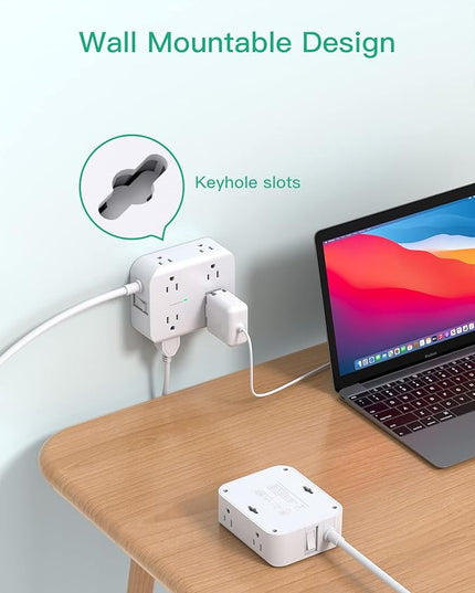 Surge Protector Power Strip 10ft Cord - Flat Plug, Wall Mount, 8 Wide Outlets with 4 USB Ports (1 USB C), Heavy Duty Extension Cord, Charging Station Overload Protection for Home, Office and Dorm