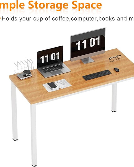 Need Computer Desk, 47 inch Home Office Desk, Modern Simple Style Home Office Gaming Desk, Basic Writing Table for Study Student, White Metal Frame, Teak
