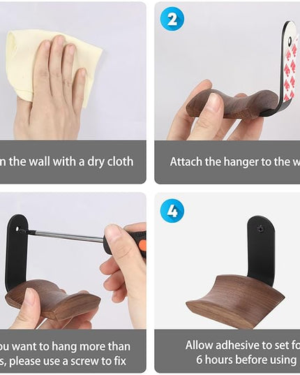 Wood Headphone Wall Mount Holder, with VHB Adhesive Tape and Screw, Holds 10 lbs (Black & Walnut Wood, 2 Pack)
