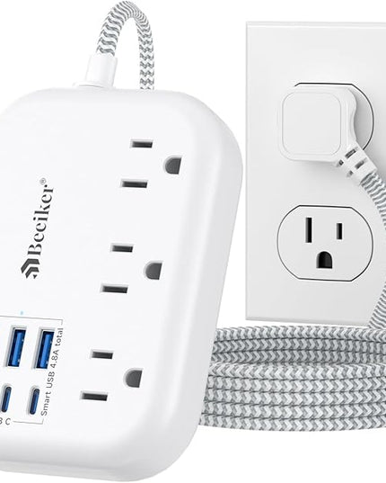 6 USB(3 USB C) Power Strip- Travel Power Strip with 6 USB Desktop Charging Station 24W/4.8A and 3 Outlets, 5Ft Flat Plug Braided Extension Cord, Non Surge Protector for Cruise Ship Travel Office Dorm