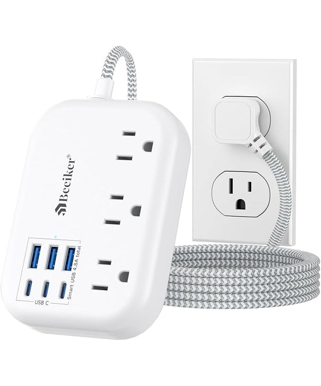 6 USB(3 USB C) Power Strip- Travel Power Strip with 6 USB Desktop Charging Station 24W/4.8A and 3 Outlets, 5Ft Flat Plug Braided Extension Cord, Non Surge Protector for Cruise Ship Travel Office Dorm