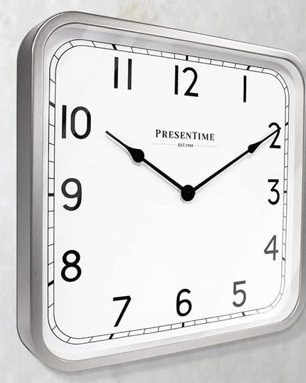 Presentime & Co 16" Anton Vintage Square Clock, Silent No Ticking, Wall & Mantel 2 in 1 Clock, Desk and Shelf Clock, Tabletop Décor, Modern Silver Color