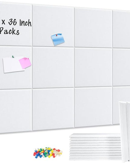 DOLLAR BOSS Large Cork Board for Wall 48" x 36" x 0.5" Bulletin Board 12 Packs Corkboard Tiles Self Adhesive Felt Wall Tiles for Office Home School, White