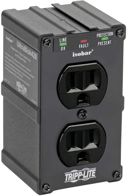 Tripp Lite Isobar ULTRABLOK Heavy Duty Outlet Extender, Wall Power Strip Surge Protector, 2 Outlets, Direct Plug-in, Black, Metal Power Strip, Industrial Garage Work Shop Bench