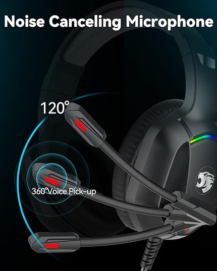 Gaming Headset with Microphone for Pc, Xbox One Series X/s, Ps4, Ps5, Switch, Stereo Wired Noise Cancelling Over-Ear Headphones with Mic, RGB, for Computer, Laptop, Mac, Nintendo, Gamer (Black)
