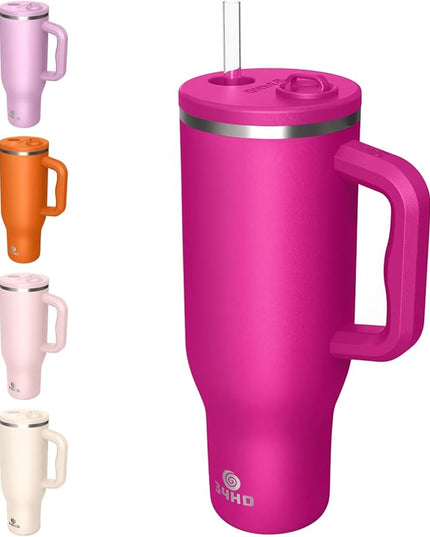 34HD 40 oz Stainless Steel Tumbler - Leakproof Insulated Water Bottle with Handle, Magnetic Lid and Flexible Straw - Iced for 48 Hours – Perfect for Men, Women, Birthday Gift, Pink - Hot Pink