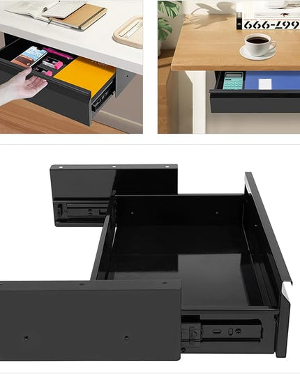 FFanhia 16 Inch Under Desk Mounted Sliding Pull-out Drawer Storage for Sit Stand Workstation Office(Applicable Table Thickness: 0.79in) Black