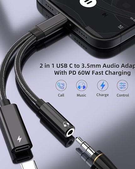 2 in 1 USB C to 3.5mm Headphone and Charger Adapter, USB C to AUX Mic Jack with PD 60W Fast Charging for Stereo, Earphones, Compatible with iPhone 17/16, Samsung Galaxy S25/S24, Google Pixel 9/8