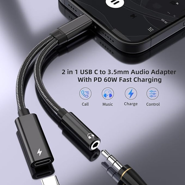 2 in 1 USB C to 3.5mm Headphone and Charger Adapter, USB C to AUX Mic Jack with PD 60W Fast Charging for Stereo, Earphones, Compatible with iPhone 17/16, Samsung Galaxy S25/S24, Google Pixel 9/8