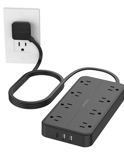 2000J Surge Protector Power Strip, TESSAN 5 FT Extension Cord with Multiple Outlets Flat Plug, 3 USB (1 USB C) and 8 AC Outlets, Wall Mount USB Charging Station for Home Office Supplies, Black