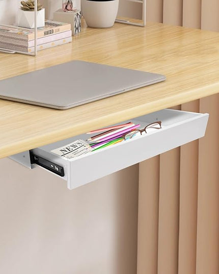 LEYSRIS 21.6" Under Desk Storage Drawer, White Sliding Pull-Out Drawer for Sit Stand Workstation