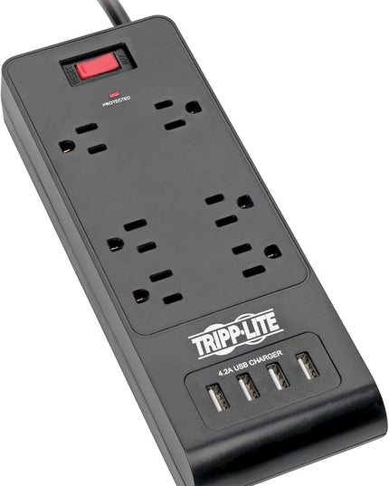 Tripp Lite Home Office Surge Protector with USB Charging, 6 Outlet Surge Protector Power Strip, 4 USB Ports, 6ft Cord, 900 Joules, Black (TLP664USBB)