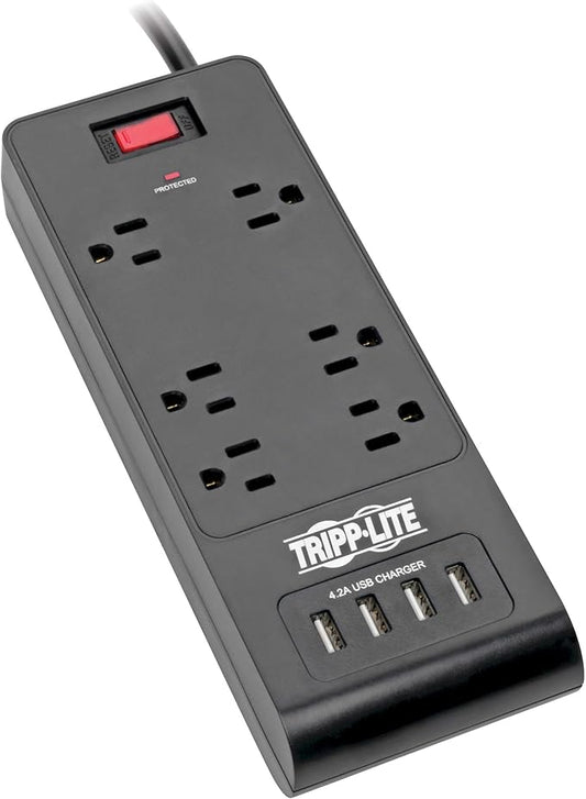 Tripp Lite Home Office Surge Protector with USB Charging, 6 Outlet Surge Protector Power Strip, 4 USB Ports, 6ft Cord, 900 Joules, Black (TLP664USBB)