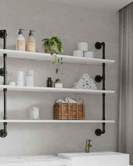 Industrial Pipe Shelving Rustic White Pipe Wall Shelves Industrial Shelves with Wood Planks Floating Shelves 48 Inch Farmhouse Bathroom,Kitchen Shelving Wall Mounted