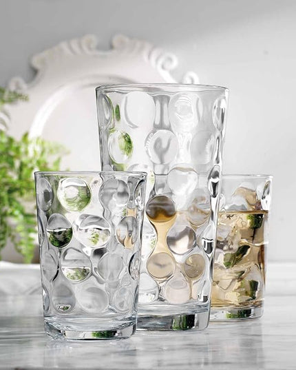 Home Essentials & Beyond Glassware Set 18 Piece Mixed Drinkware Set. 6 Highball Tumblers-17 oz., 6 Rock Whiskey-13 oz., and 6 Juice-7 oz. All Size Glass Cups Drinking Glasses. (Design on Inner Glass)