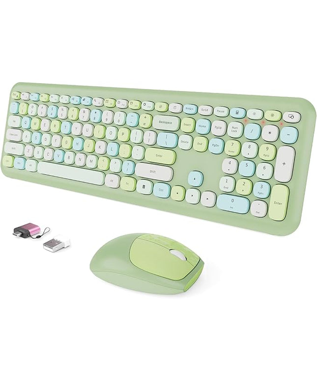 Wireless Keyboard and Mouse Combo, Colorful Ergonomic Full Size Retro Low-Noise Keyboard with Cute keycaps, Compatible with Windows, PC, Perfer for Home and Office Keyboards (Green)