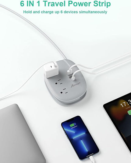 Alitayee USB C Portable Travel Power Strip with 3 Outlets 3 USB Ports Fast Charge, USB Extendable Outlet Extender with Flat Plug and 3ft Wrapped Around Extension Cord for Cruise Travel Home Office