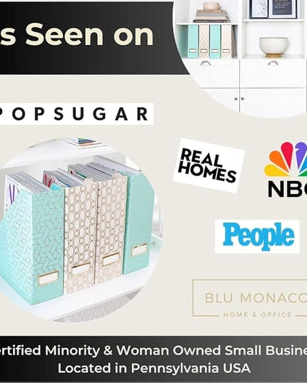 BLU MONACO | Set of 4 Foldable Pink & Aqua Magazine File Holders with Gold Geometric Patterns | Vertical File Organizer Boxes with Gold Label Holders for Home & Office