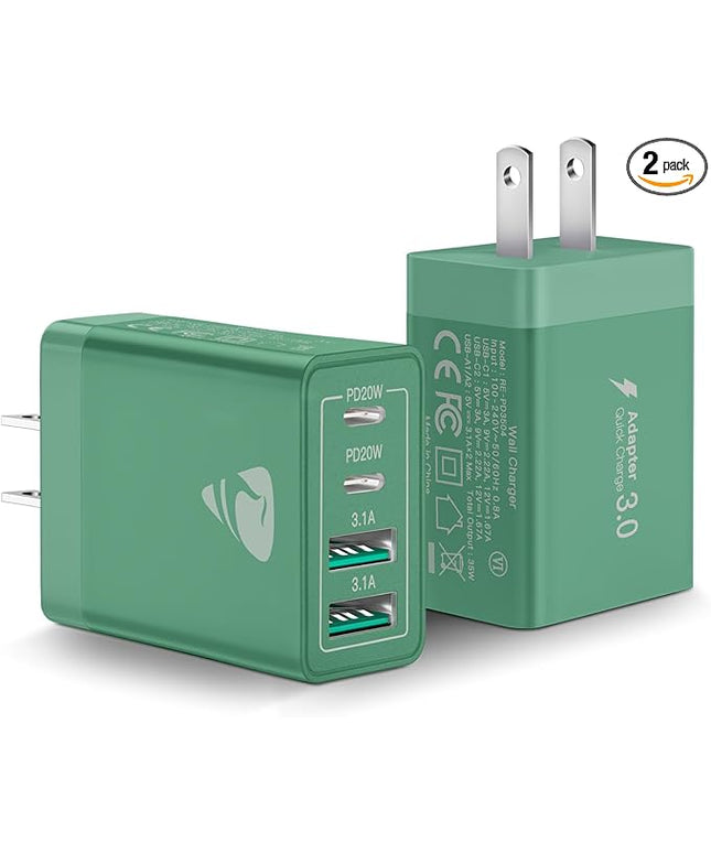 40W USB C Charger Cube, 2-Pack Wall Plug Fast Charging Block, 4-Port QC +PD Power Adapter Multiport Brick Type C Box for iPhone 16/15/14/13/12/11 Pro, XS/XR/8/7, Tablets, Cellphones Charger