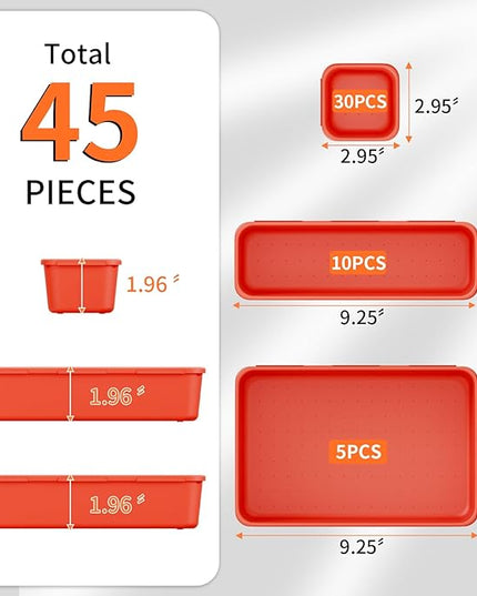 45 Pack Desk Drawer Organizer Tray, 3 Sizes Plastic Drawers Organizer Storage for Kitchen, Bathroom, Office, Vanity, Makeup, Utensils, Junk Drawer Organizer Bins, Gadget Trays for Organizing, Red