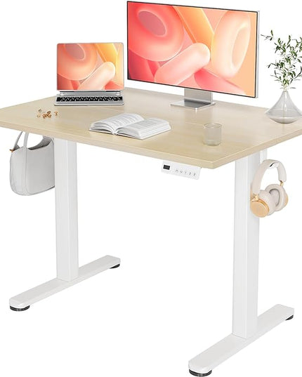 YDN Electric Standing Desk Adjustable Height, 40 x 24 Inches Stand up Desk with Cable Management, Home Office Desks with Splice Board & White Frame, Nature Top