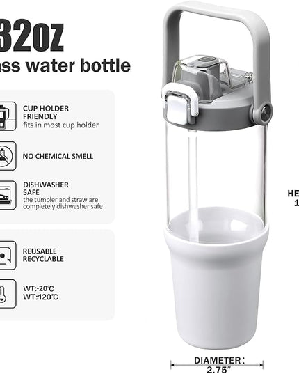 Glass Tumbler with Carry Handle, Clear Glass Water Bottle with Leakproof Lid, Spout Lid&Straw, BPA-Free, 32 oz, White