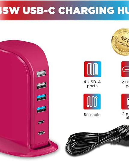 USB Charging Station Multiports Upoy, Charging Hub 6 Ports Dual Type-C, USB Tower Fast Charging for Tablets, Cellphones, Smart Watch, and More Electronic Gadgets, Portable Design, Travel Essentials