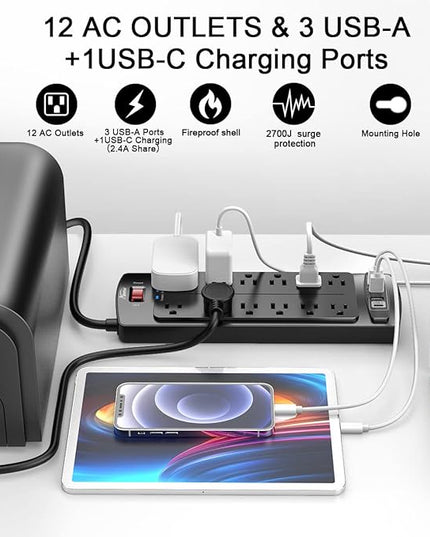 Power Strip, ALESTOR Surge Protector with 12 Outlets and 4 USB Ports, 6 Feet Extension Cord (1875W/15A), 2700 Joules, ETL Listed, Black