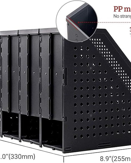 SAYEEC Collapsible Magazine Holder Plastic Desktop 4 Compartment File Rack Magazine Organizer Vertical File Divider Sorter Storage Document Organizer for Office Home School Black