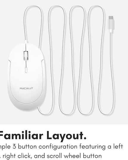 Macally Wired USB C Mouse for Mac and PC - Slim, Quiet, and Reliable - Type C Mouse for MacBook Pro/Air, iMac, Apple iPad, Laptop, Computer Desktop with 3 Button, Scroll Wheel, USBC, and 4 DPI Mode