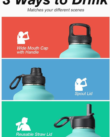 Insulated Water Bottle 64 oz with Straw & 3 Lids, Coolflask Half Gallon Water Jug Large Metal Stainless Steel Wide Mouth for Sports, Gym or Office, Non-BPA Keep Cold 48H Hot 24H, Pacific Prince