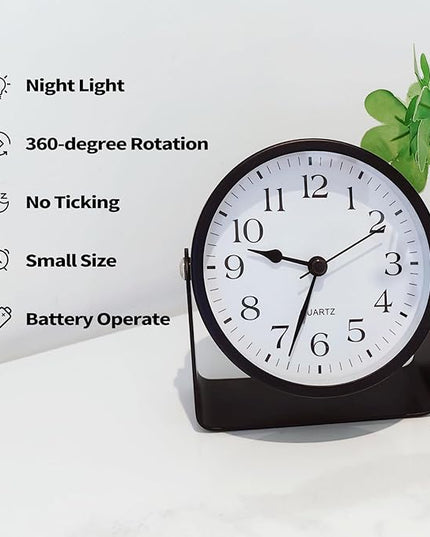 SCOAGE Small Luminous Desk Analog Alarm Clock Metal Bracket 360° Rotating Shelf Clock with Light Battery Powered Bedside Silent Cute Alarm Clock for Heavy Sleepers Elderly and Children Office Bathroom